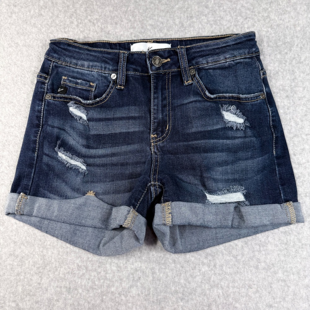 KanCan Distressed Denim Shorts Womens 25 Dark Wash Excellent Cuffed Stretch